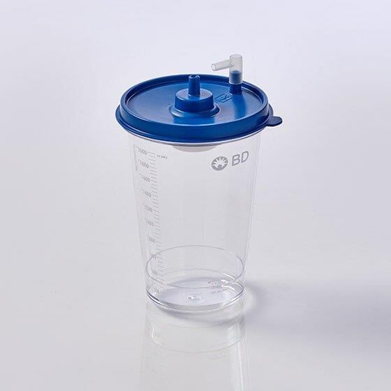 Close-up of the PureWick&trade; Urine Collection System 2000cc canister with lid and elbow connector